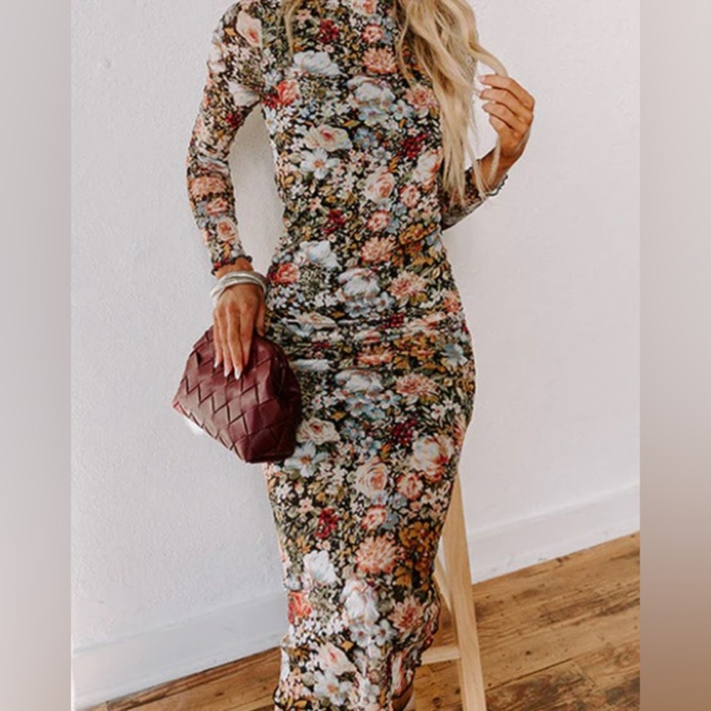 Rose Garden Midi Dress - Floral Long Sleeve Bodycon Dress - Size XL only